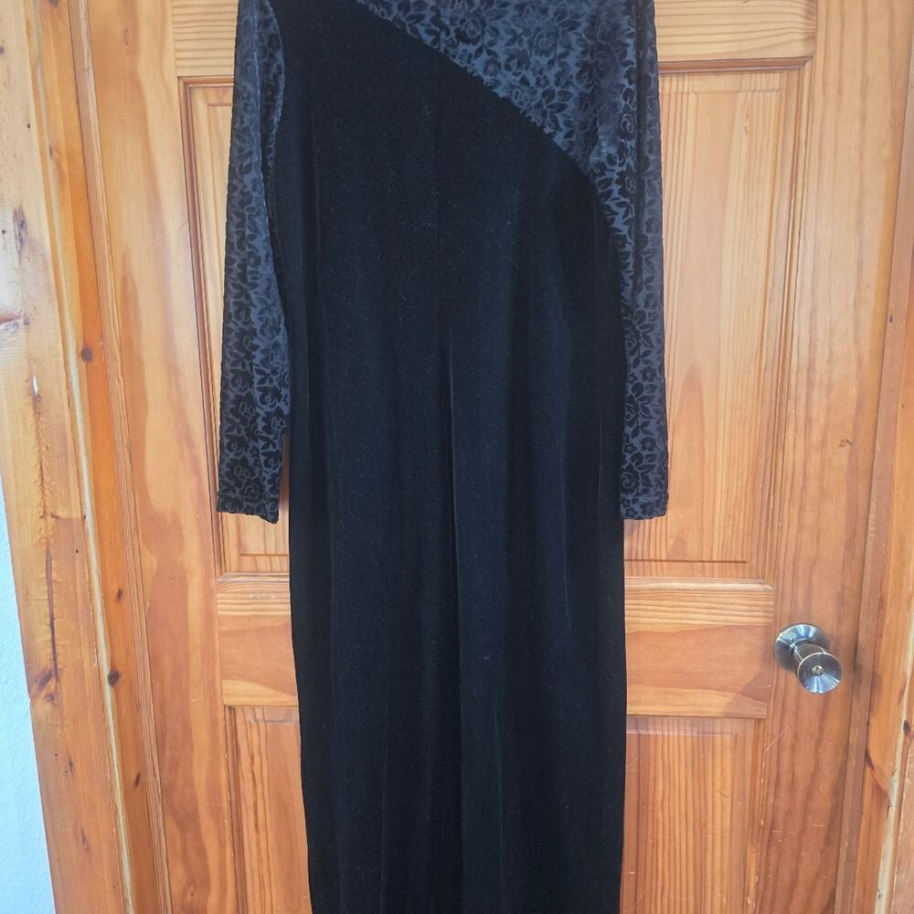 Vintage Maggie Of London Womens Black Velvet Maxi Dress 12 Sheer Floral Sleeve - Picture 2 of 4